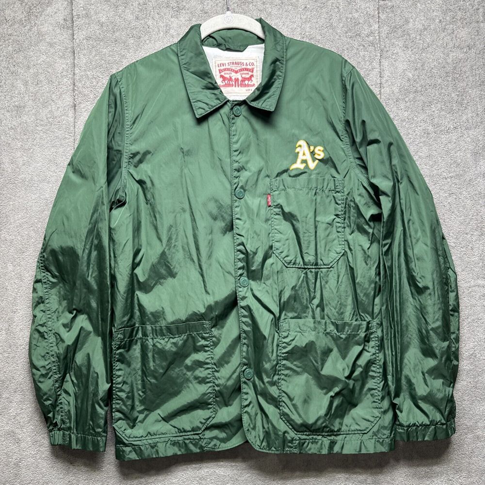 Oakland As Starter X Levis Mens Small‎ Green Satin Full Snap Trucker Jacket MLB